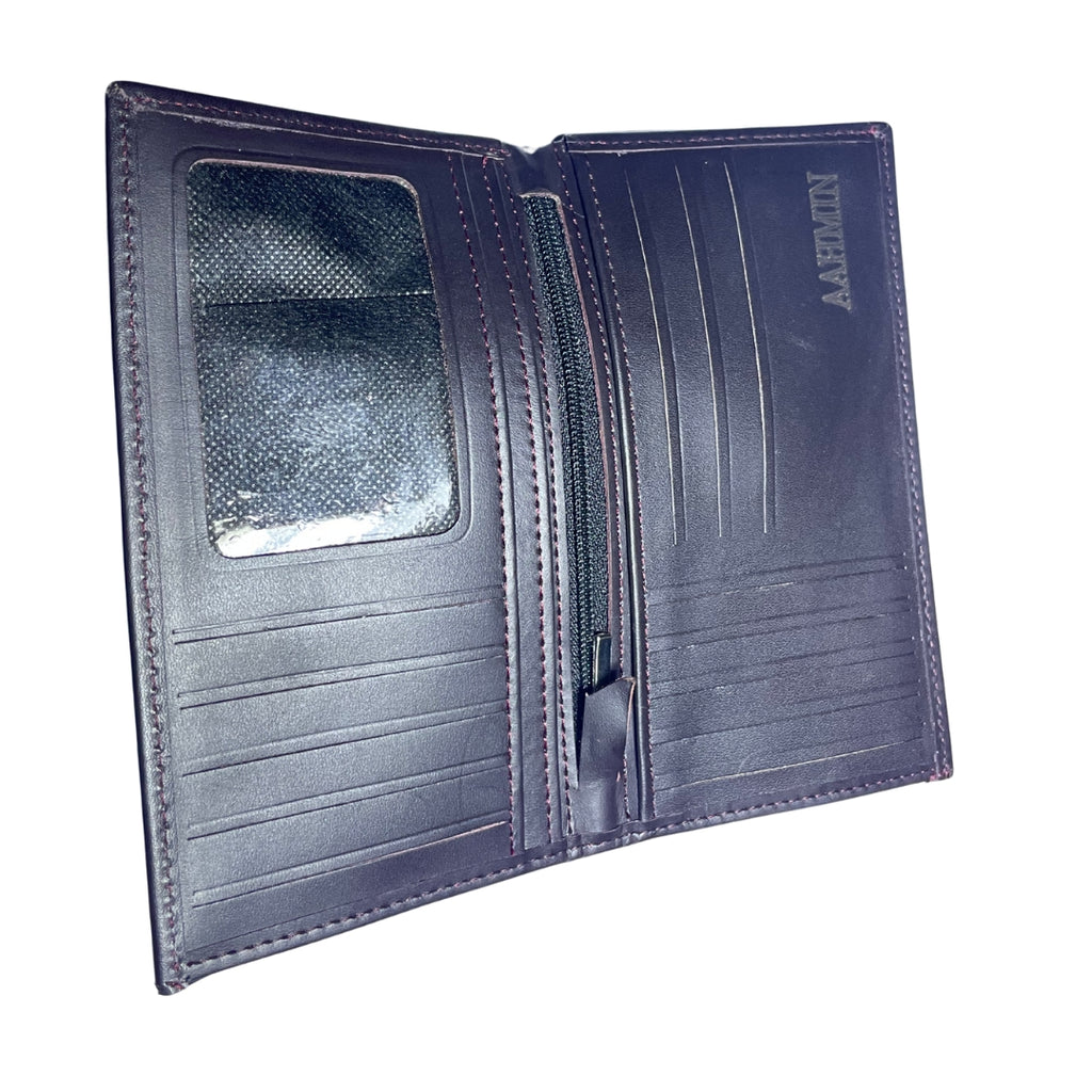 AAHMIN  Long Leather Wallet – Slim Vertical Bifold with Multi-Card Slots and Secure Zipper Pocket