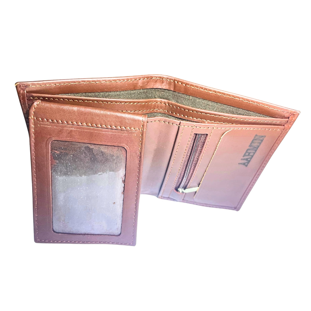 Premium Men's Genuine Leather Bifold Wallet with ID Window & Zipper Pocket – Classic Brown
