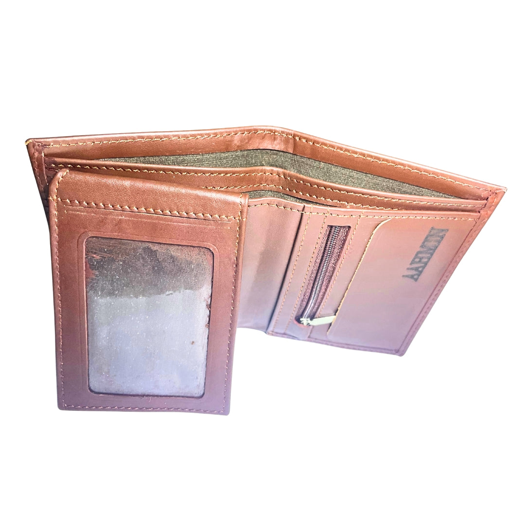 Premium Men's Genuine Leather Bifold Wallet with ID Window & Zipper Pocket – Classic Brown
